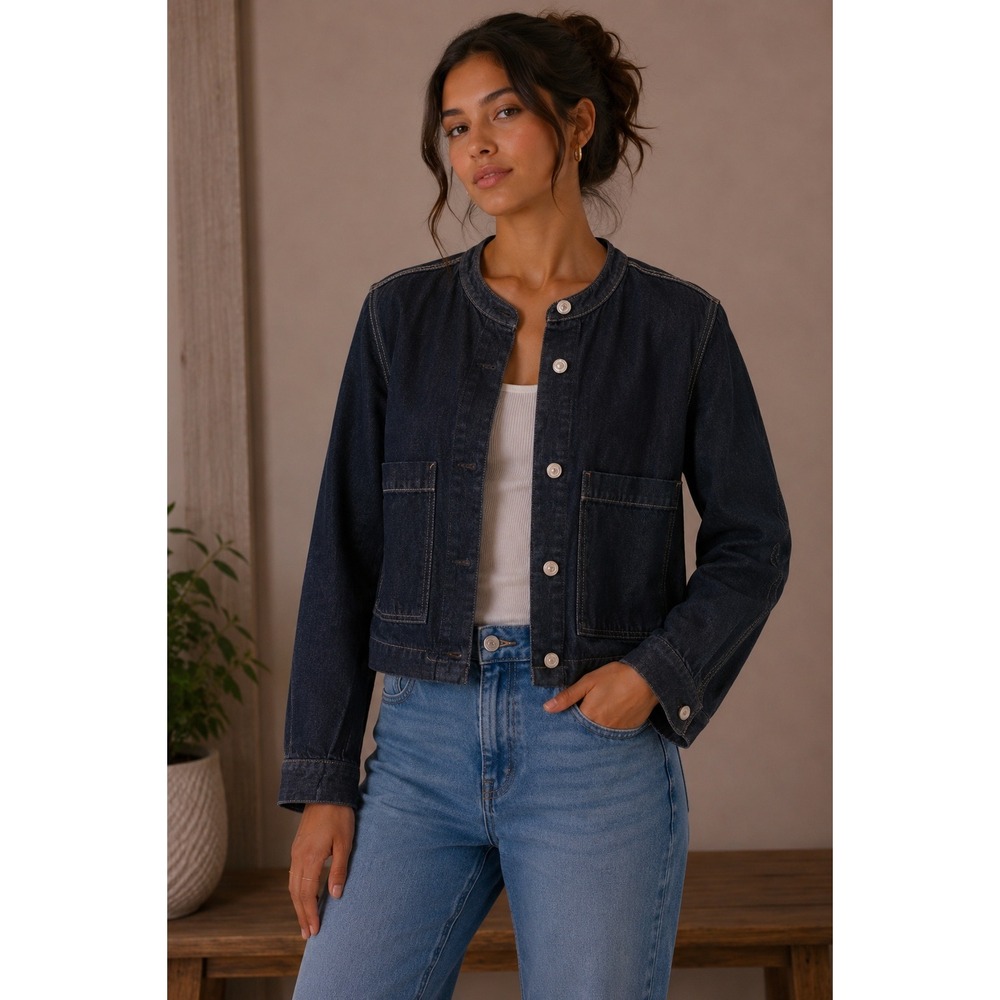 Old Navy Womens Dark Wash Collarless Denim Jacket Indigo Blue XL Cropped Utility
